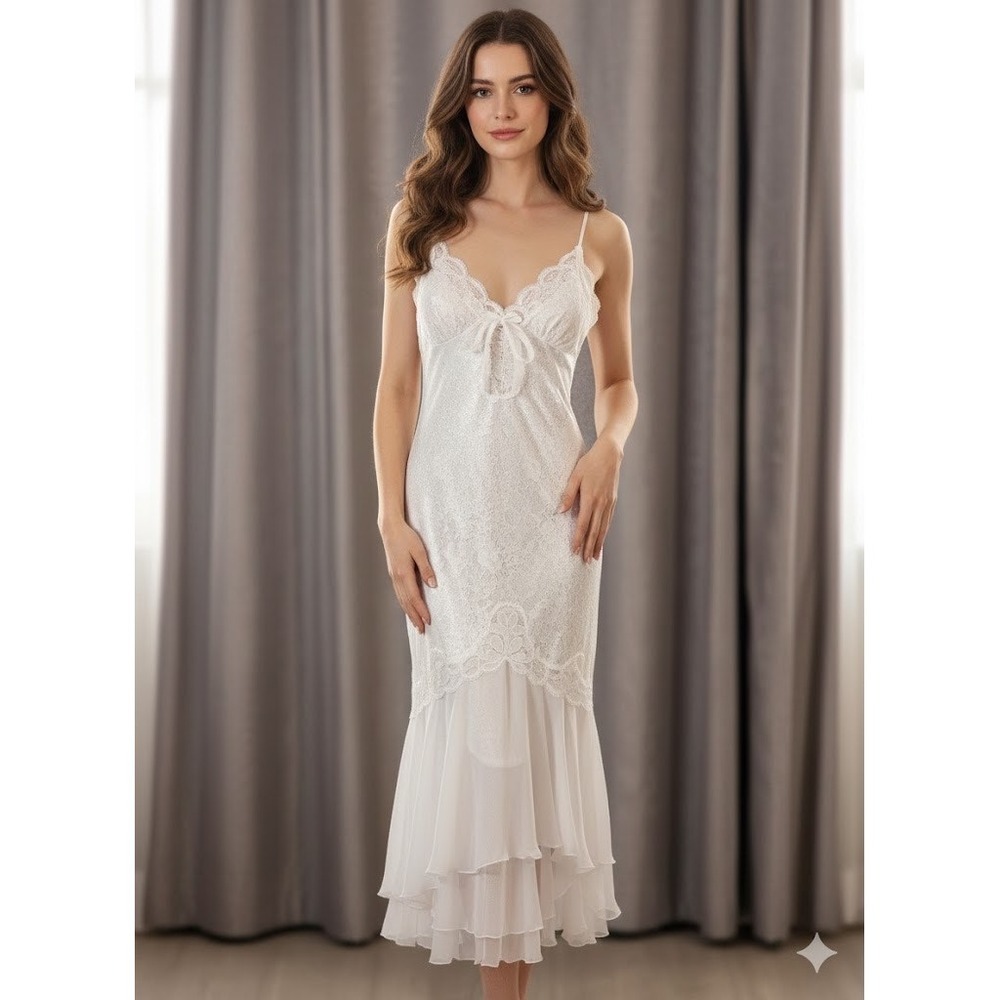 Vintage White Lace Trim Slip Dress Maxi Nightgown Small Union‎ Made in the USA
